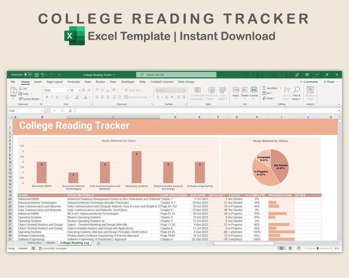 College Reading Tracker Excel, University Reading Log, Study Log, Excel