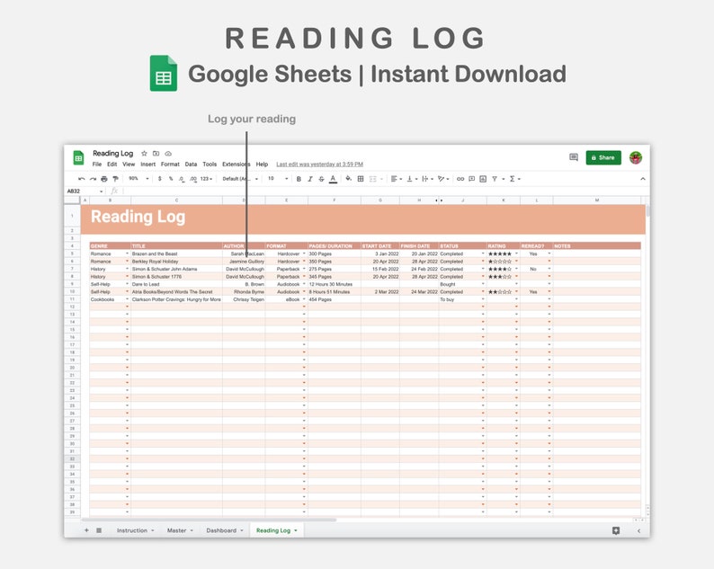 Reading Log Google Sheets, Reading Tracker Spreadsheet, Book Tracker