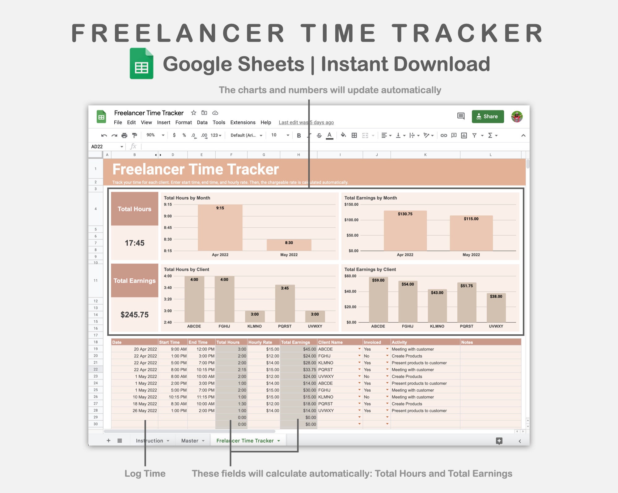 Freelancer Timesheet Google Sheets Time Tracker Spreadsheet Etsy