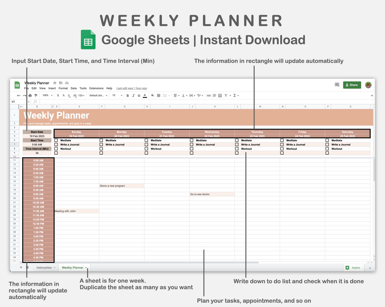 Google Sheets Weekly Planner Weekly Schedule Weekly Etsy