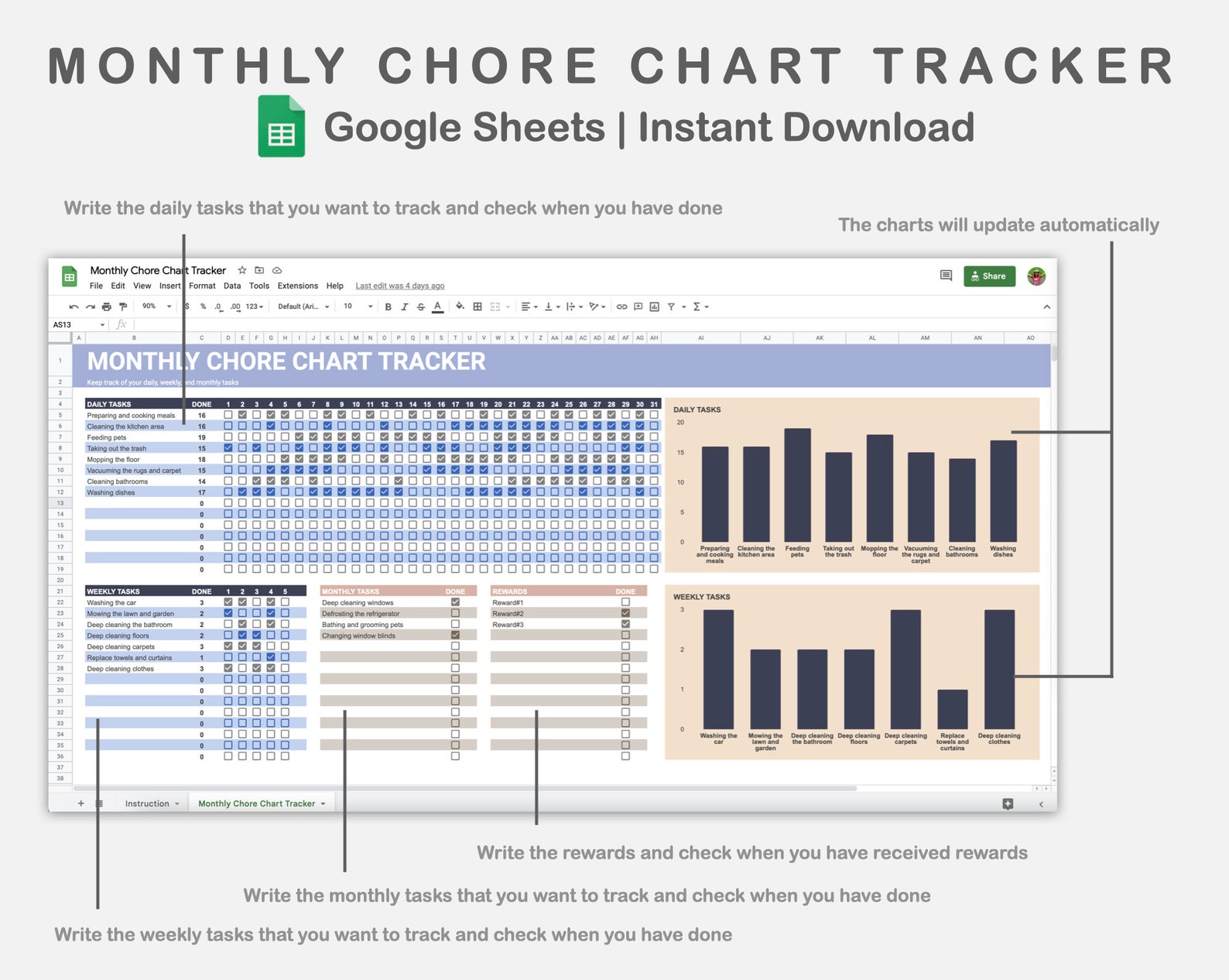 Monthly Chore Chart Template, Chore Chart Spreadsheet, Chore Tracker