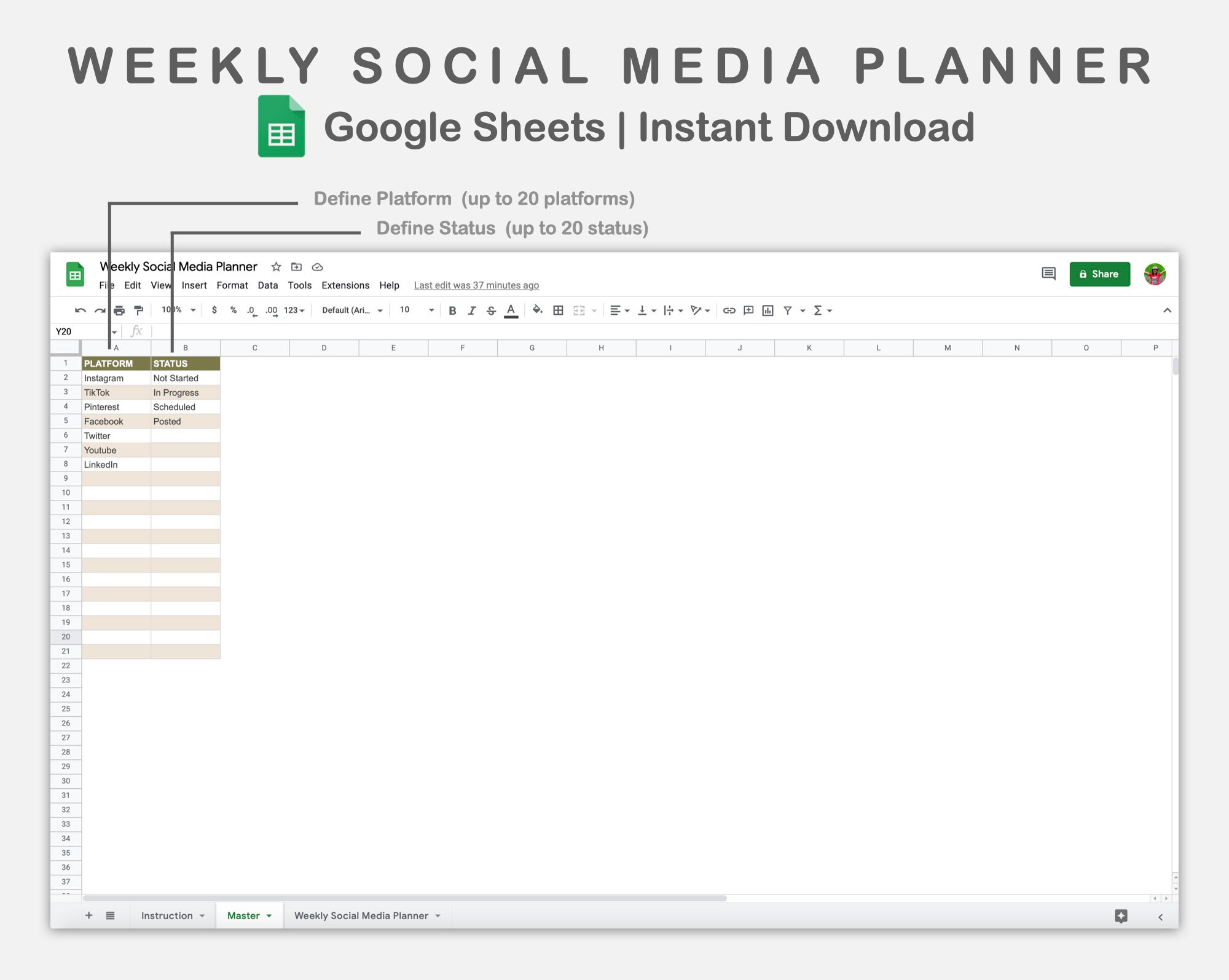 Content Planner Google Sheets, Social Media Google Sheet, Weekly Social