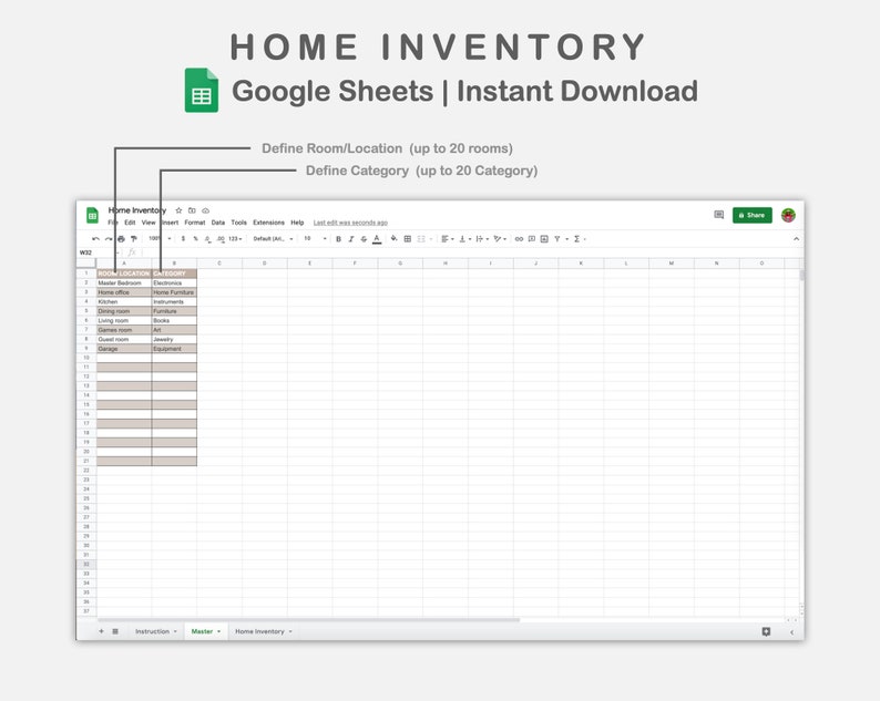 Home Inventory Tracker for Google Sheets Spreadsheet Etsy