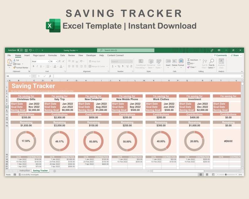 Savings Tracker for Excel, Money Saving Planner, Saving Goals Excel