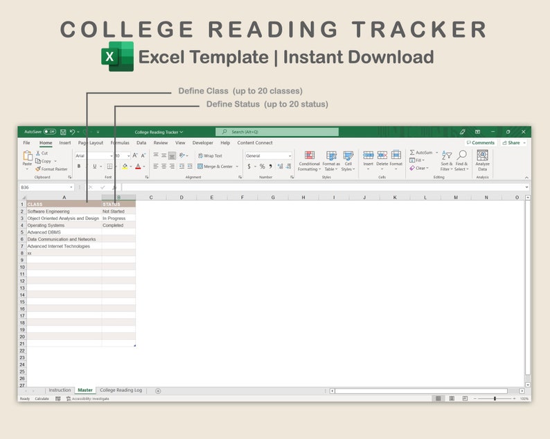 College Reading Tracker Excel, University Reading Log, Study Log, Excel