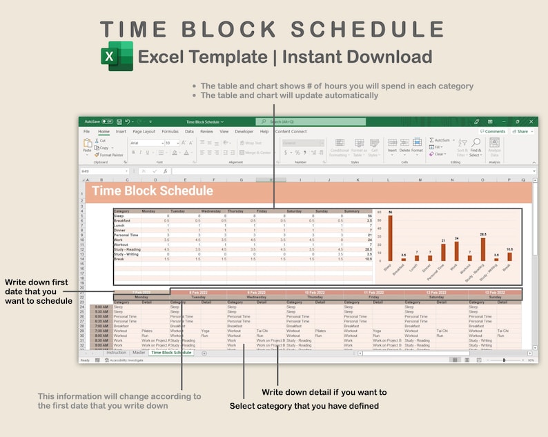 Excel Time Blocking Schedule Time Block Spreadsheet Template - Etsy
