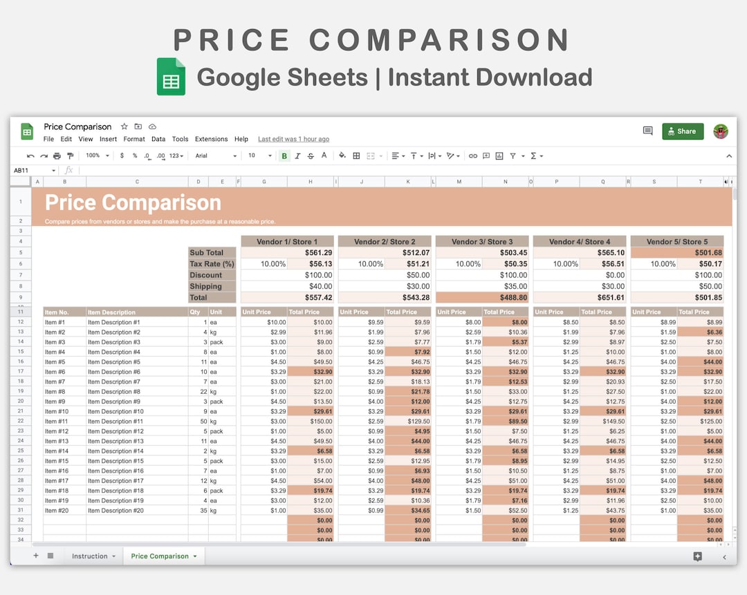 Google Sheets Price Comparison, Vendor Price Comparison, Store Price