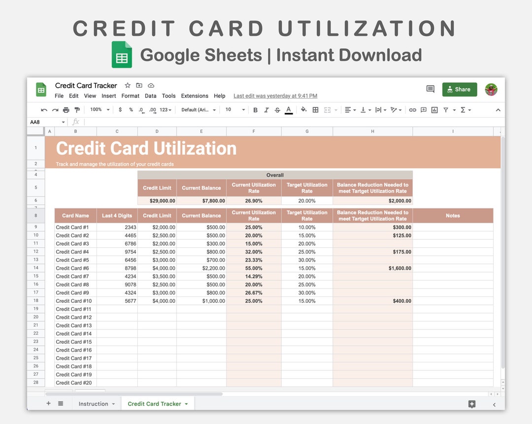 Google Sheets Credit Card Utilization, Credit Card Tracker, Spreadsheet Google Sheets Credit Card Utilization, Credit Card Tracker, Spreadsheet