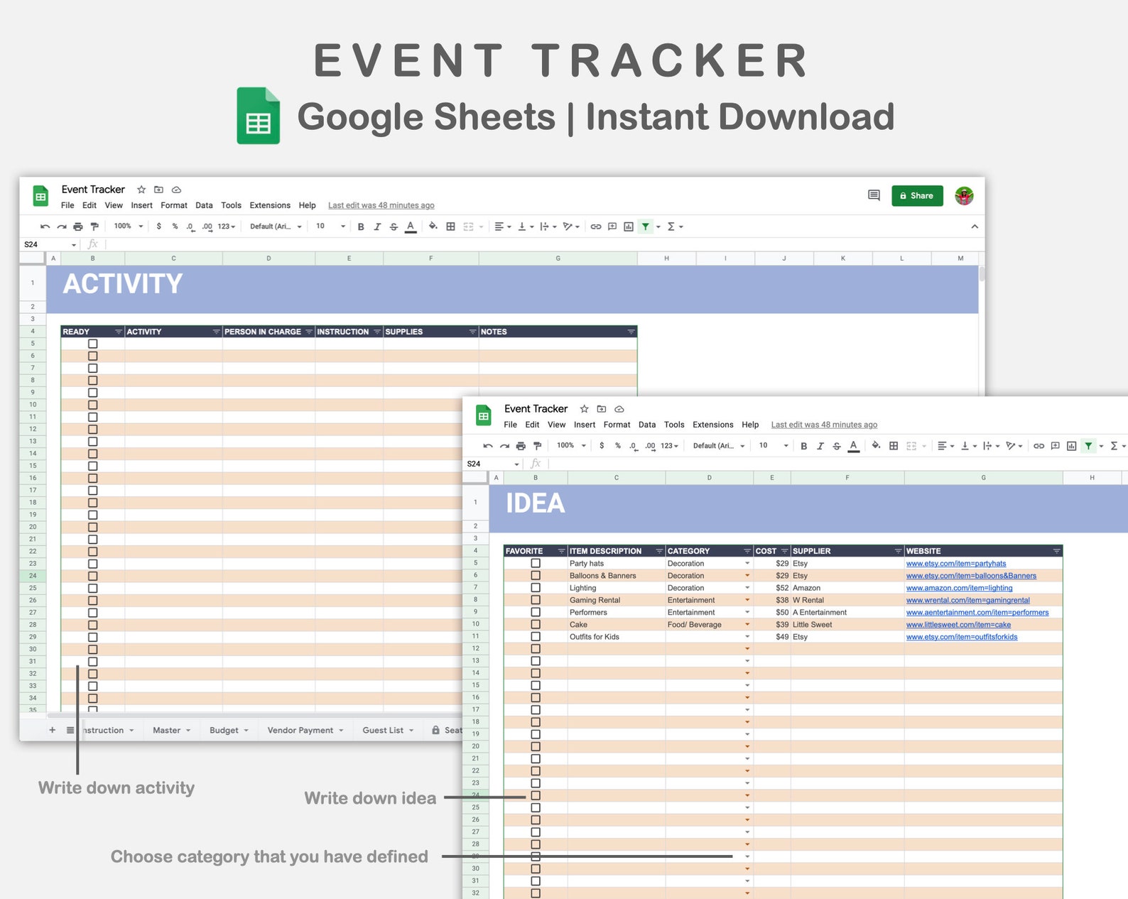 Event Planner Google Sheet, Party Planner Template, Guest List, Table