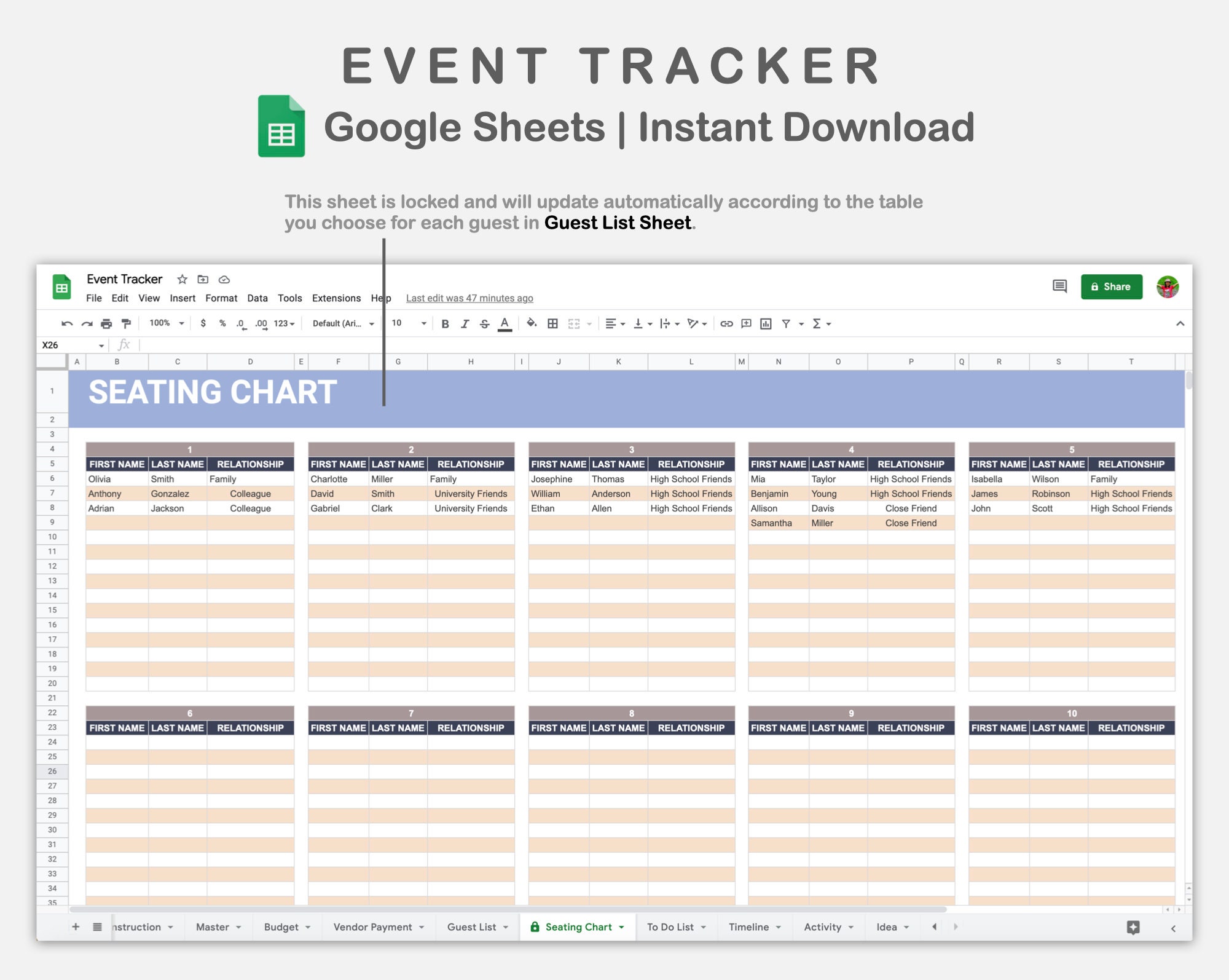 Event Planner Google Sheet, Party Planner Template, Guest List, Table