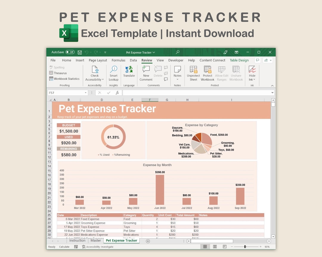 Excel Pet Expense Tracker, Pet Budget Spreadsheet, Pet Spending Templates, Neutral Theme