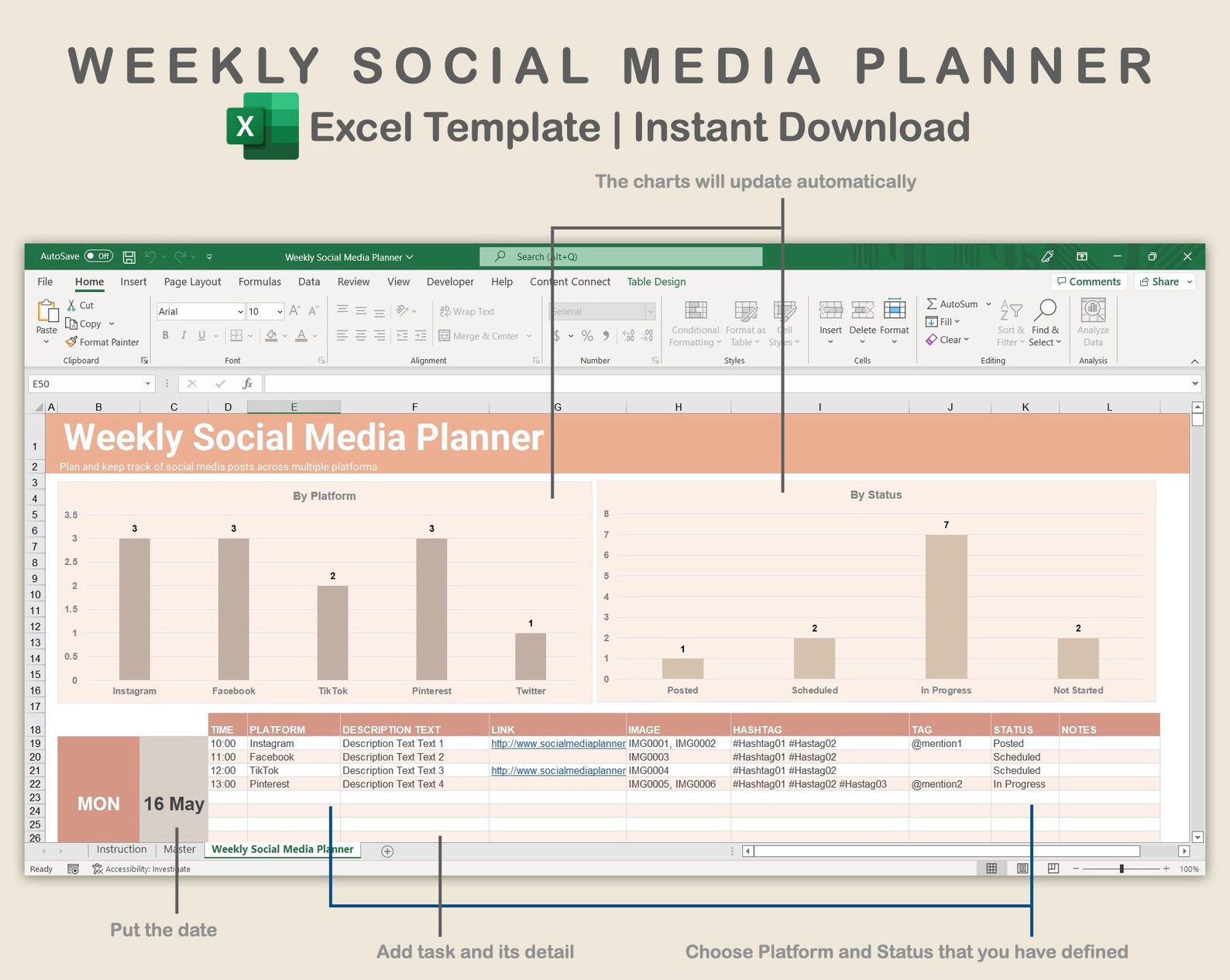 Content Planner Excel, Social Media Excel, Weekly Social Media Content
