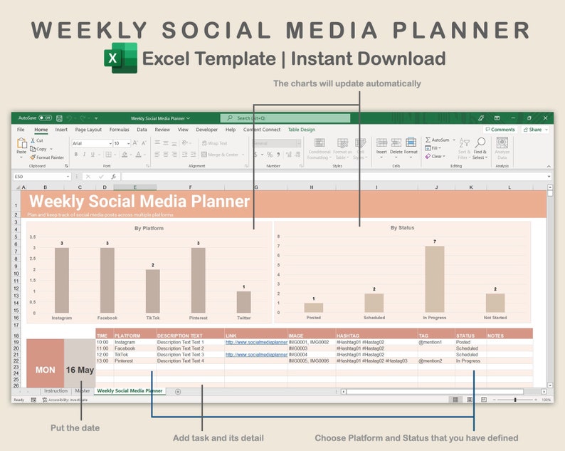 Content Planner Excel Social Media Excel Weekly Social Media Etsy