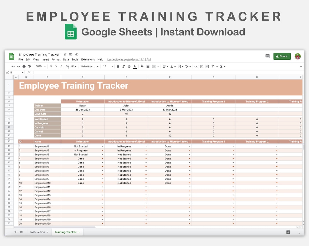 Employee Training Tracker Google Sheets, Training Matrix, Training Log