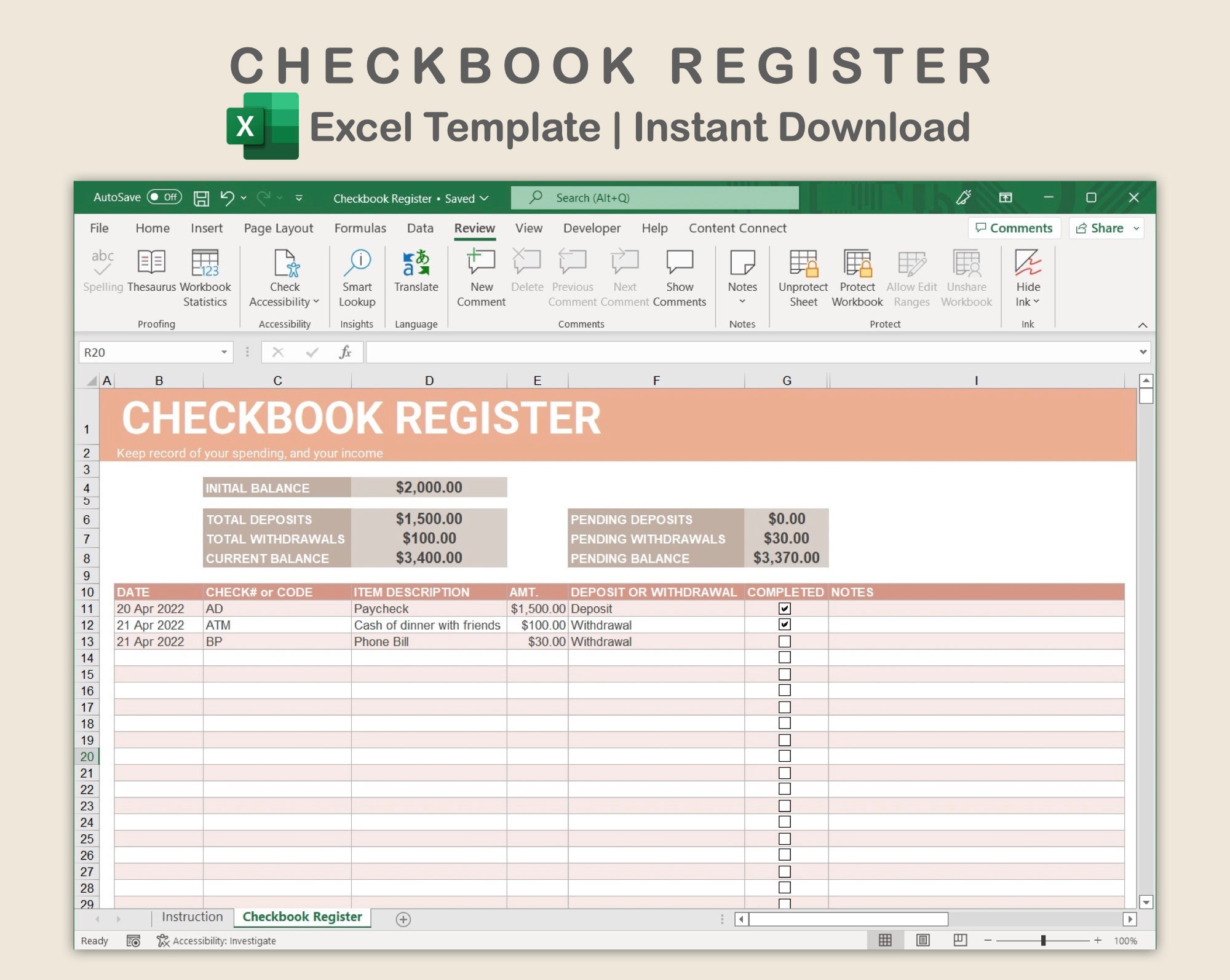 Digital Checkbook Register, Checkbook Register Template for Excel