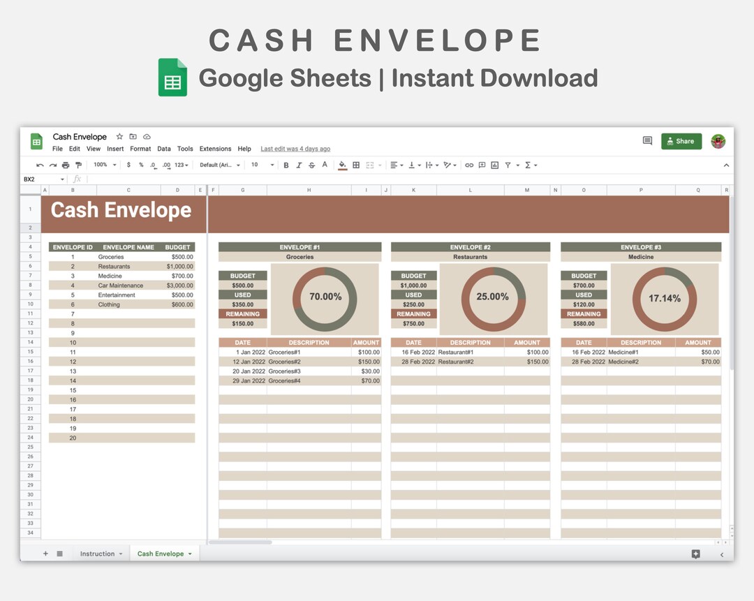 Cash Envelope Google Sheets, Cash Envelope Spreadsheets, Budgeting ...