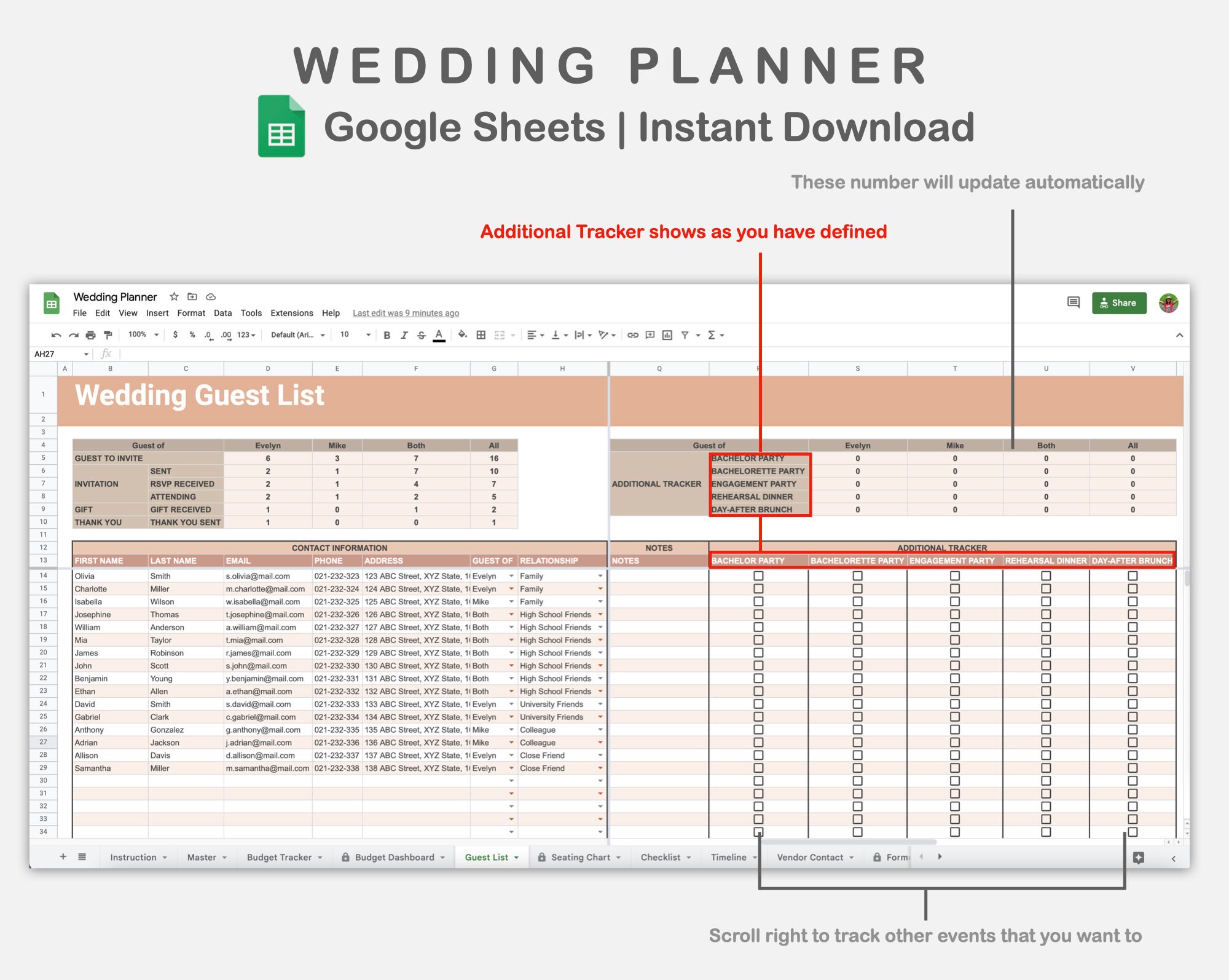 Google Sheets Wedding Planner Wedding Planning Spreadsheets Etsy