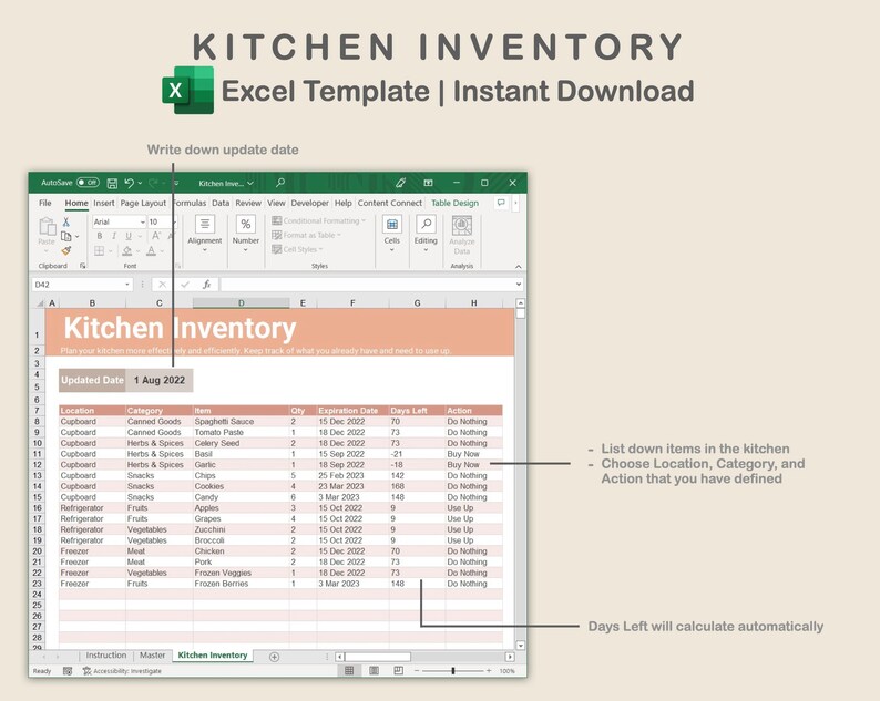 Excel Kitchen Inventory Pantry Checklist Refrigerator Etsy