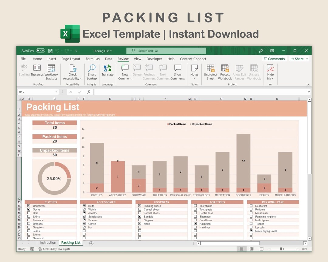 Packliste Excel Packliste Vorlage Excel Tabellenvorlage Etsy.de