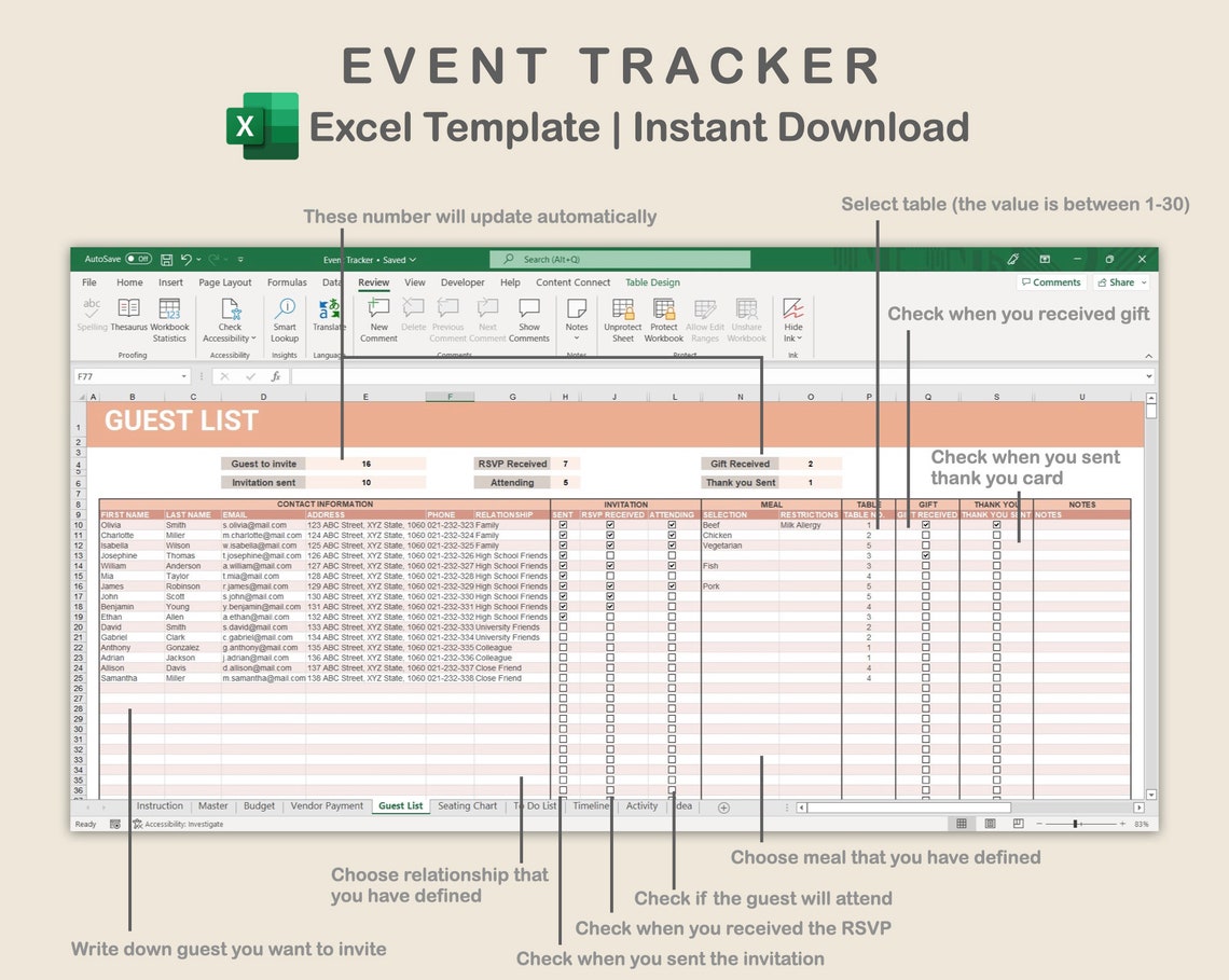 Event Planner Excel Party Planner Template Guest List Table Etsy