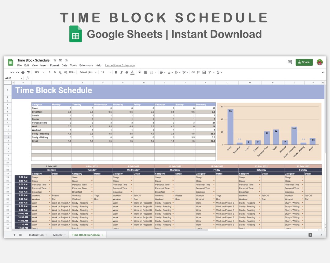 Google Sheets Time Blocking Schedule, Time Block Spreadsheet Template