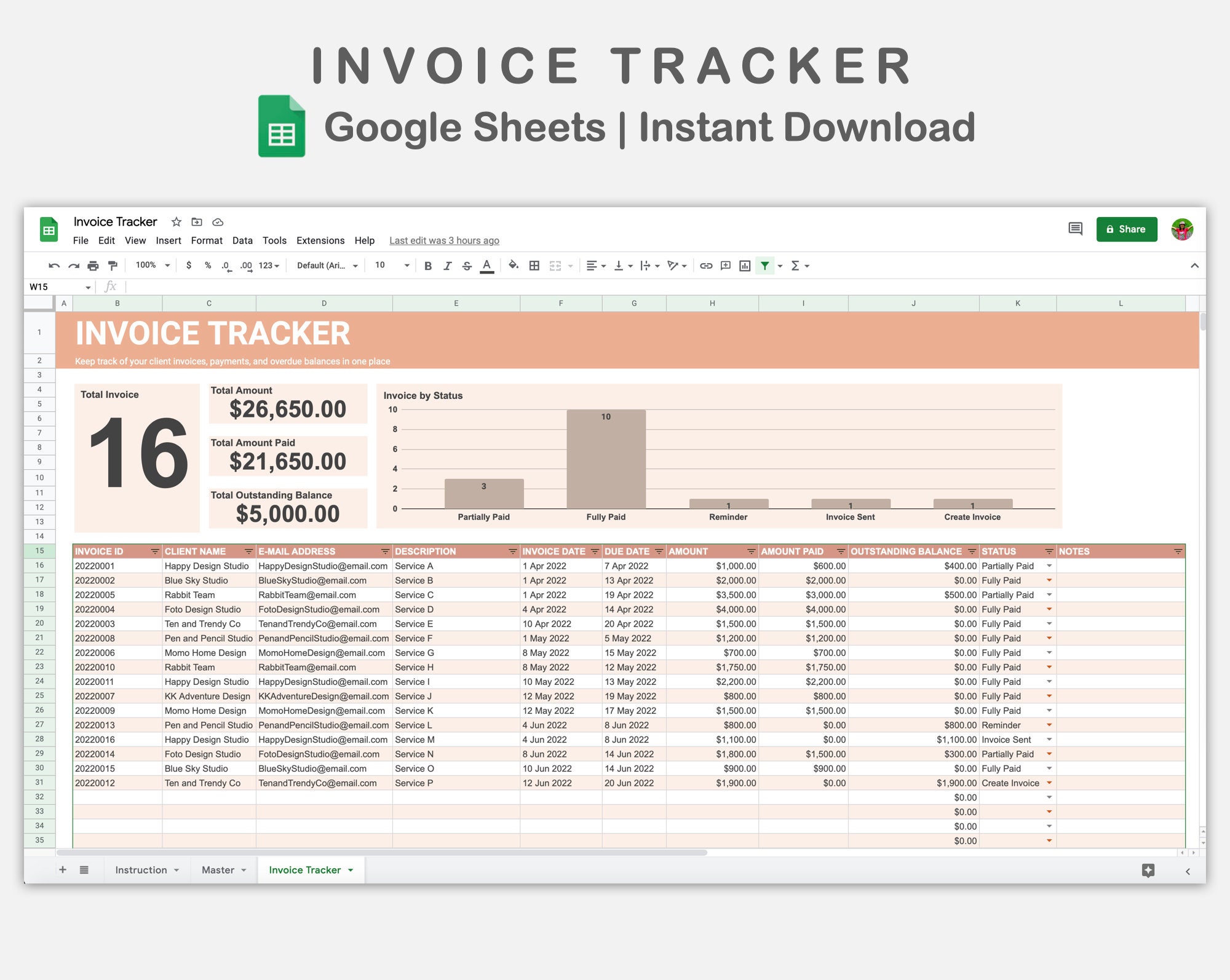 Invoice Tracker Google Sheets, Payment Log Template, Payment Tracker