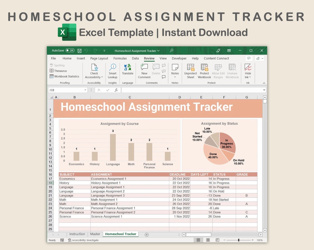 Homeschool Assignment Tracker for Excel Homework Tracker - Etsy
