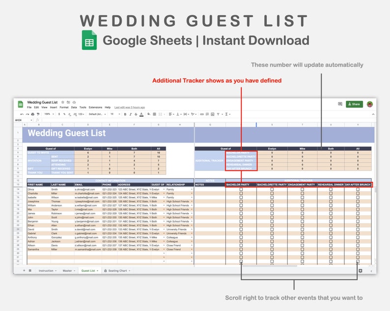 Google Sheets Wedding Guest List, Guest Tracker Spreadsheets