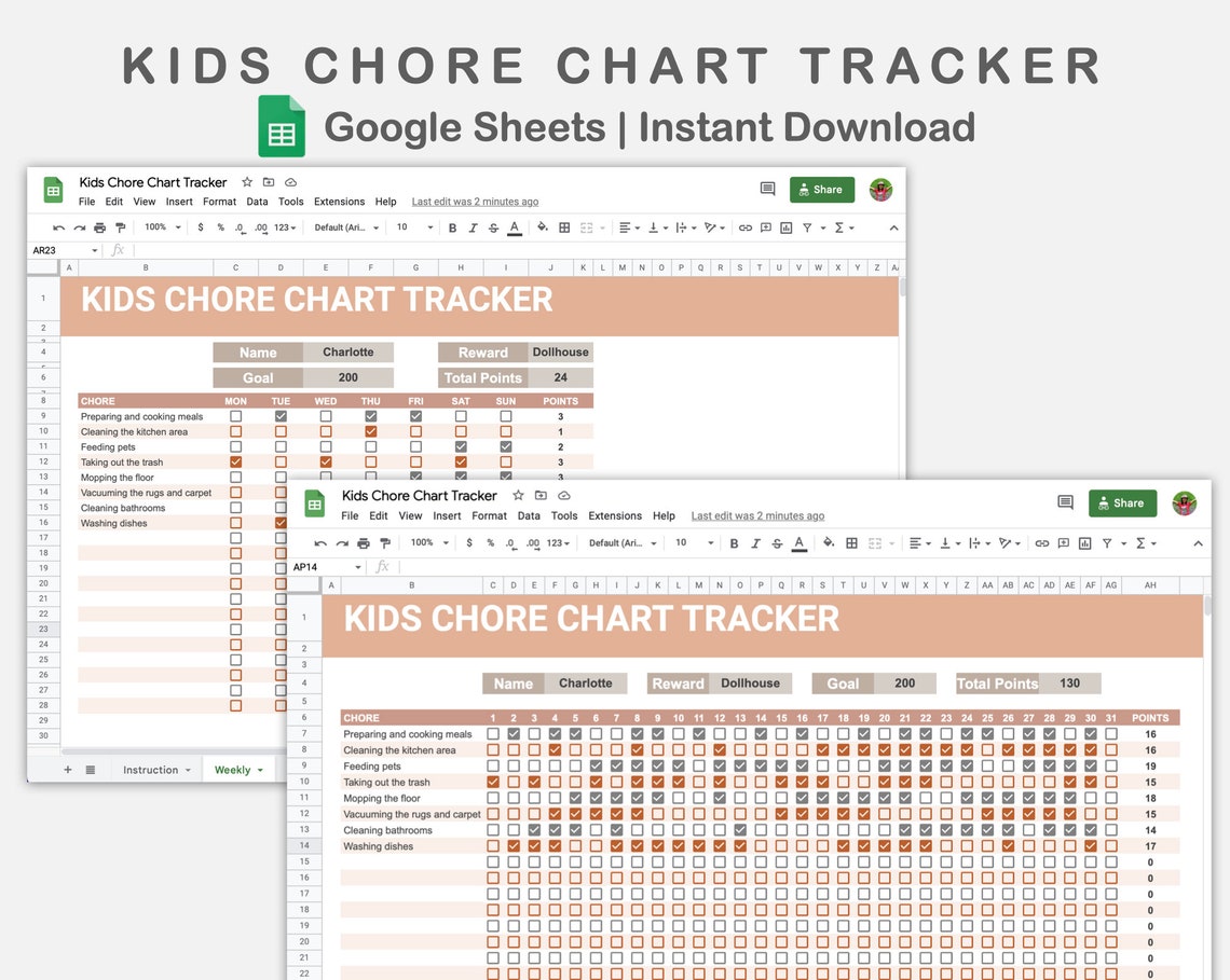 Kids Chore Chart Google Sheets Chore Chart Tracker Reward - Etsy
