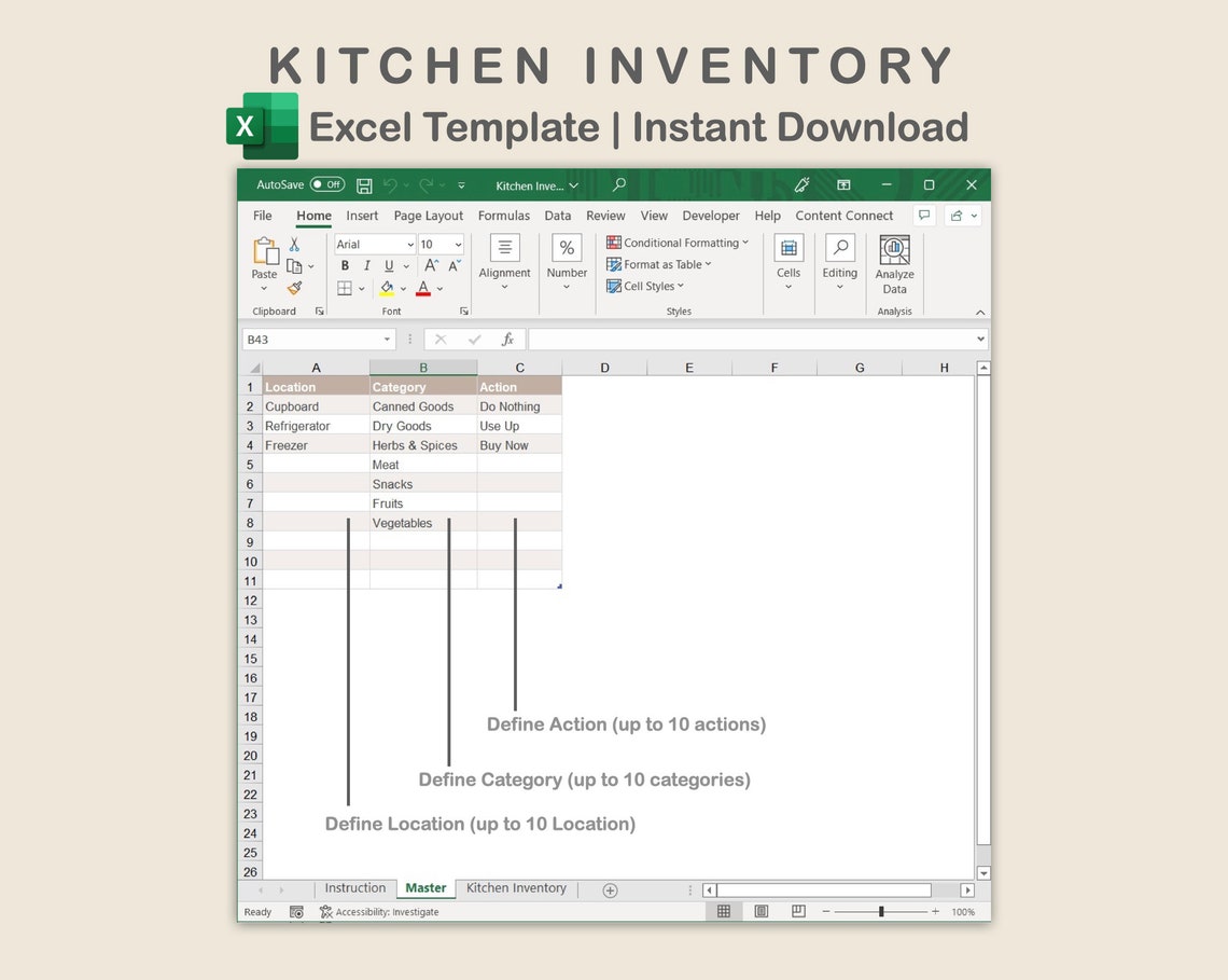 Excel Kitchen Inventory, Pantry Checklist, Refrigerator Inventory, Food Inventory, Freezer Stock