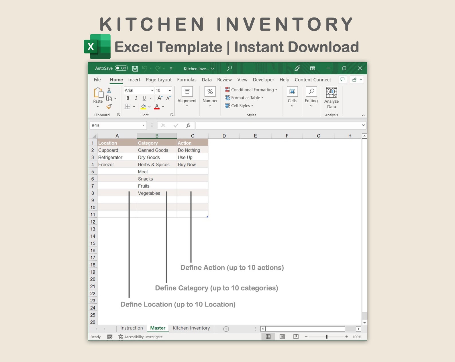 Excel Kitchen Inventory Pantry Checklist Refrigerator Etsy