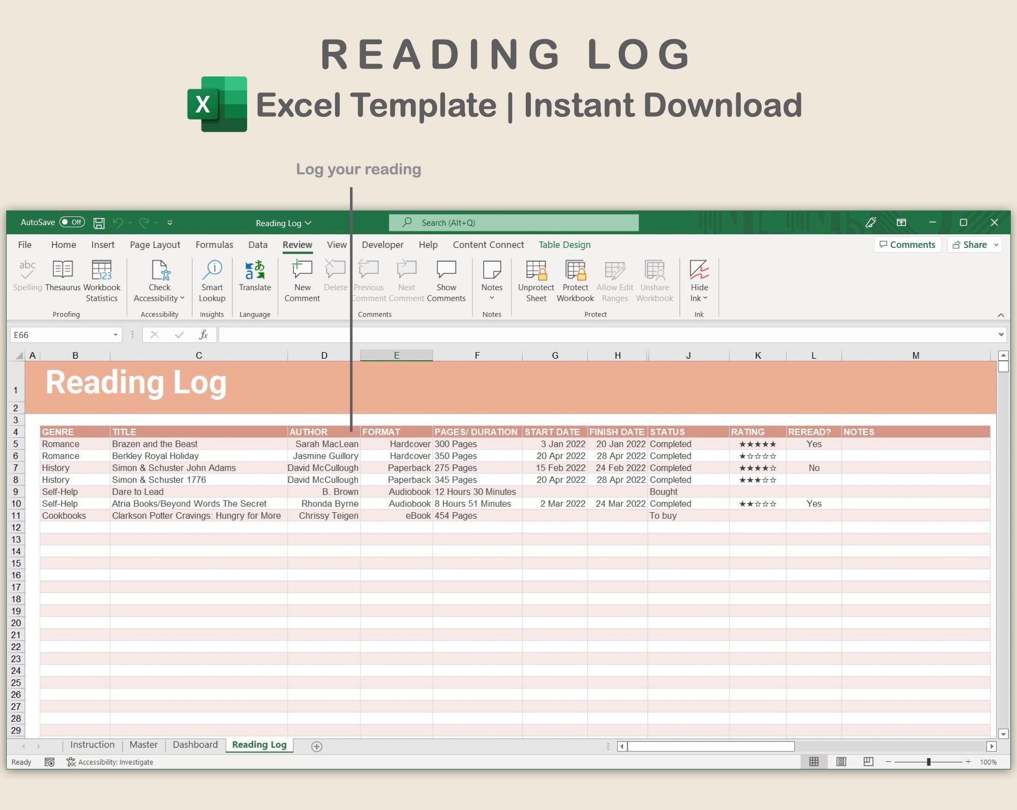 Reading Log Excel Reading Tracker Spreadsheet Book Tracker Etsy