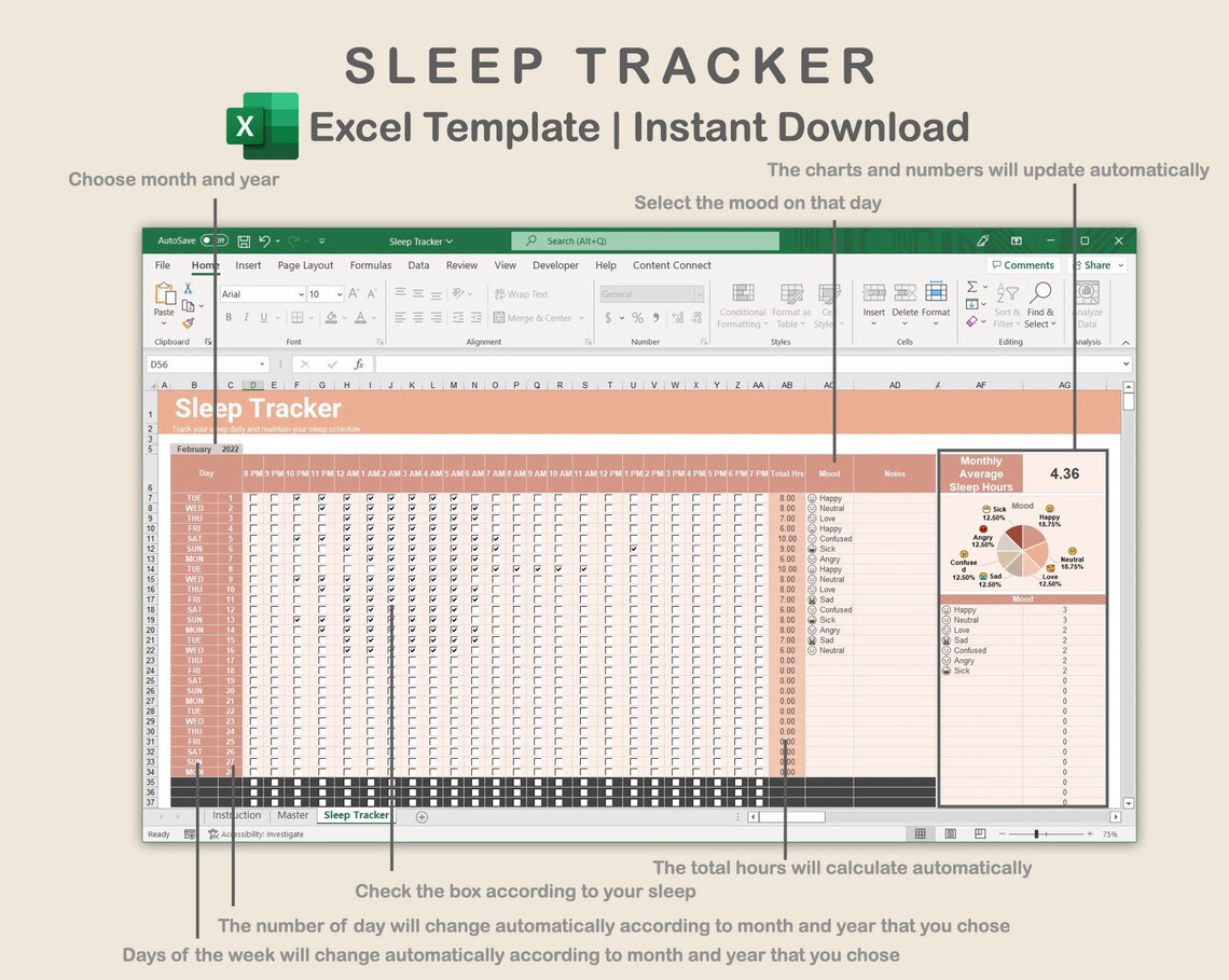 Excel Sleep Tracker Sleep Tracker Spreadsheet Template Daily Etsy