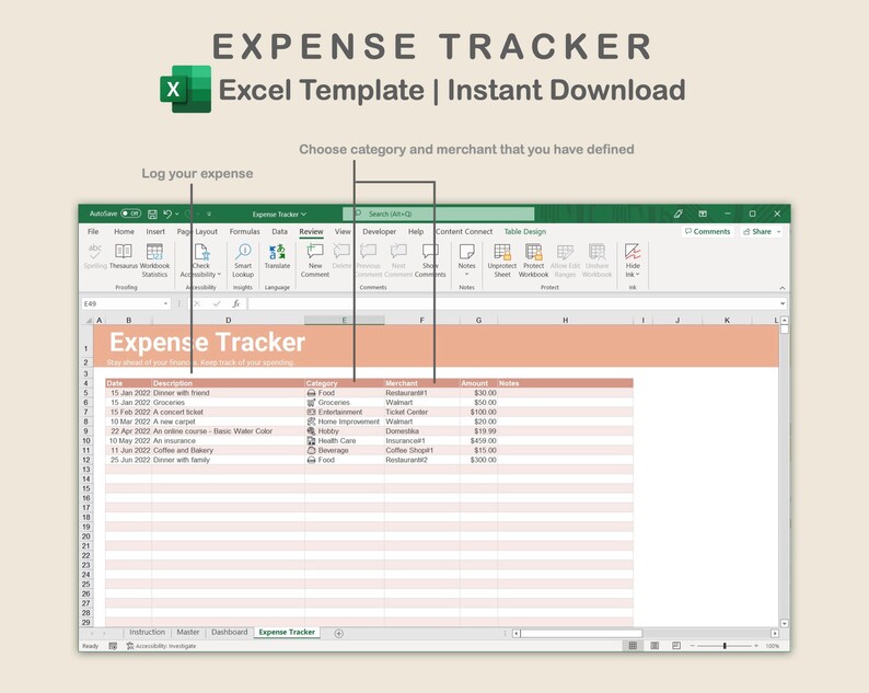 Excel Expense Tracker, Expense Tracker Spreadsheet, Merchant Tracker ...