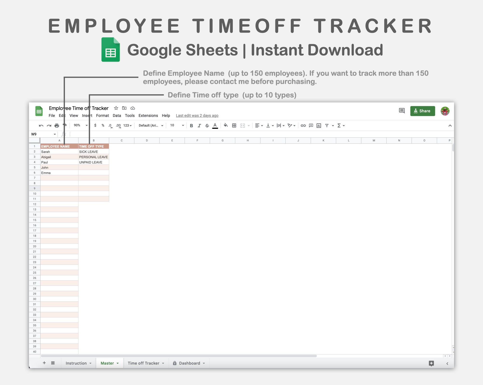 Google sheets employee time off tracker vacation tracker sick tracker