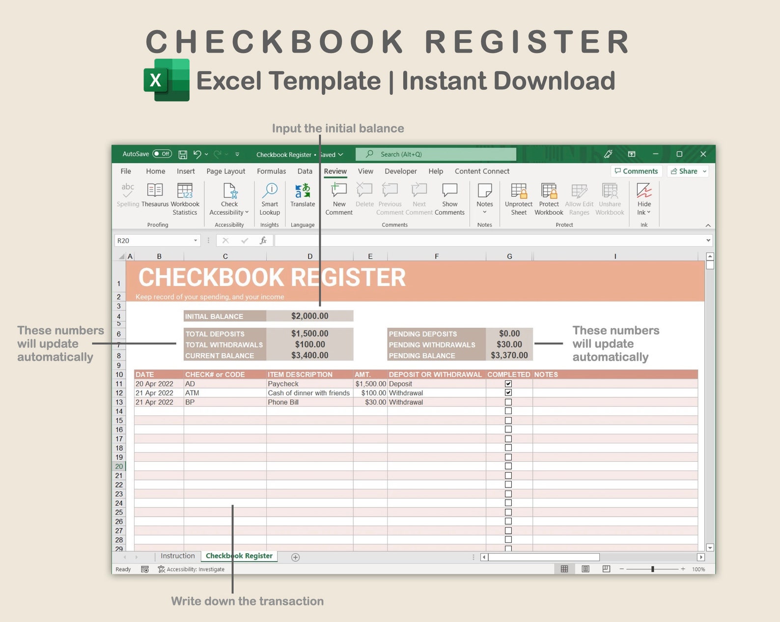 Digital Checkbook Register, Checkbook Register Template for Excel