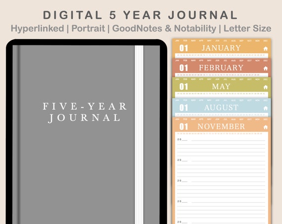 5 Year Journal, Digital 5 Year Journal, One Line a Day Journal, Hyperlinked  Gratitude Journal for Ipad, Goodnotes, Notability, Autumn Theme 