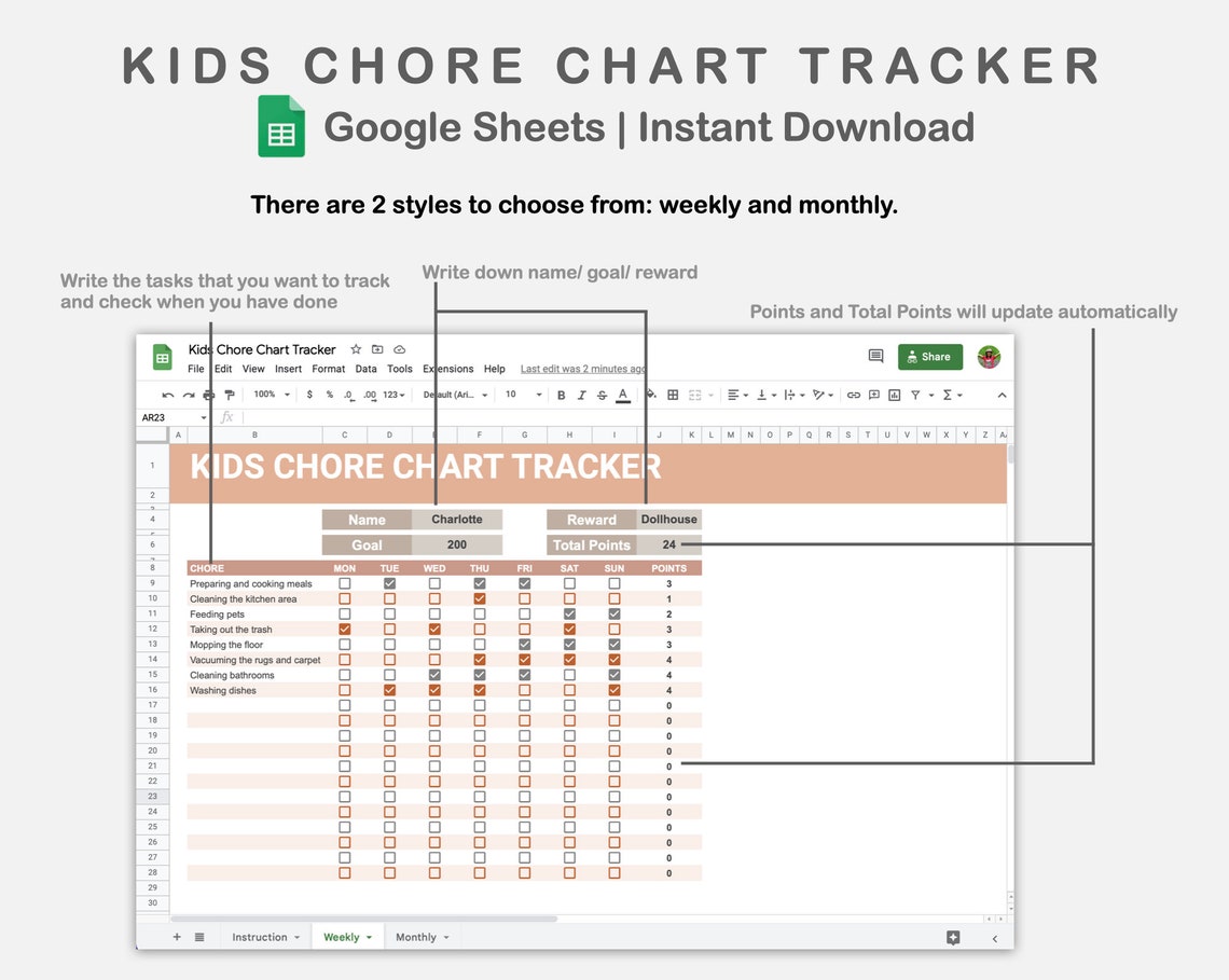 Kids Chore Chart Google Sheets Chore Chart Tracker Reward - Etsy