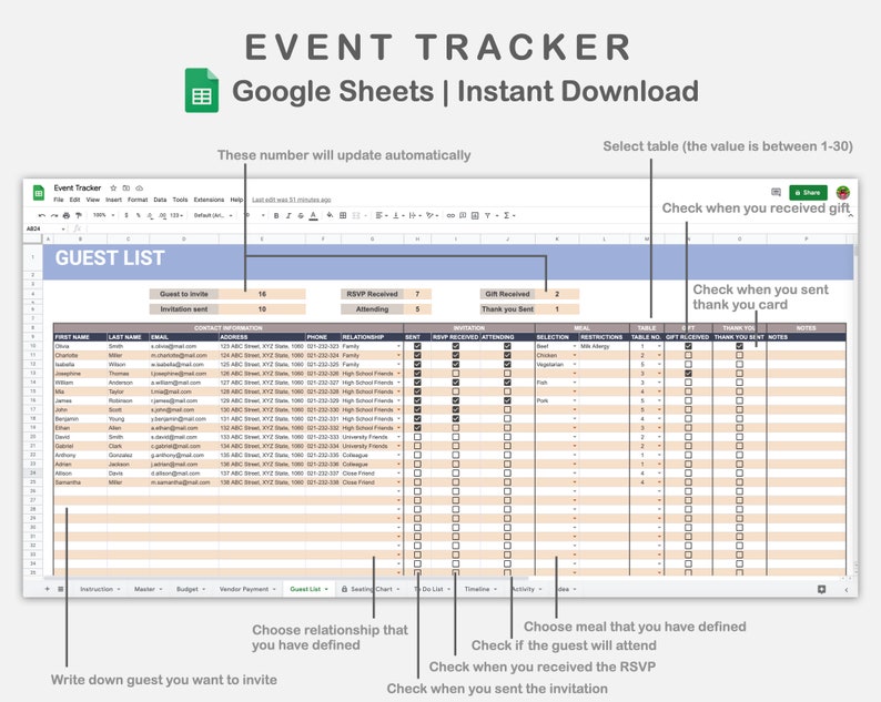 Event Planner Google Sheet Party Planner Template Guest Etsy UK