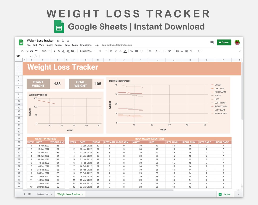 Weight Loss Tracker for Google Sheets, Weight Loss Progress Spreadsheet