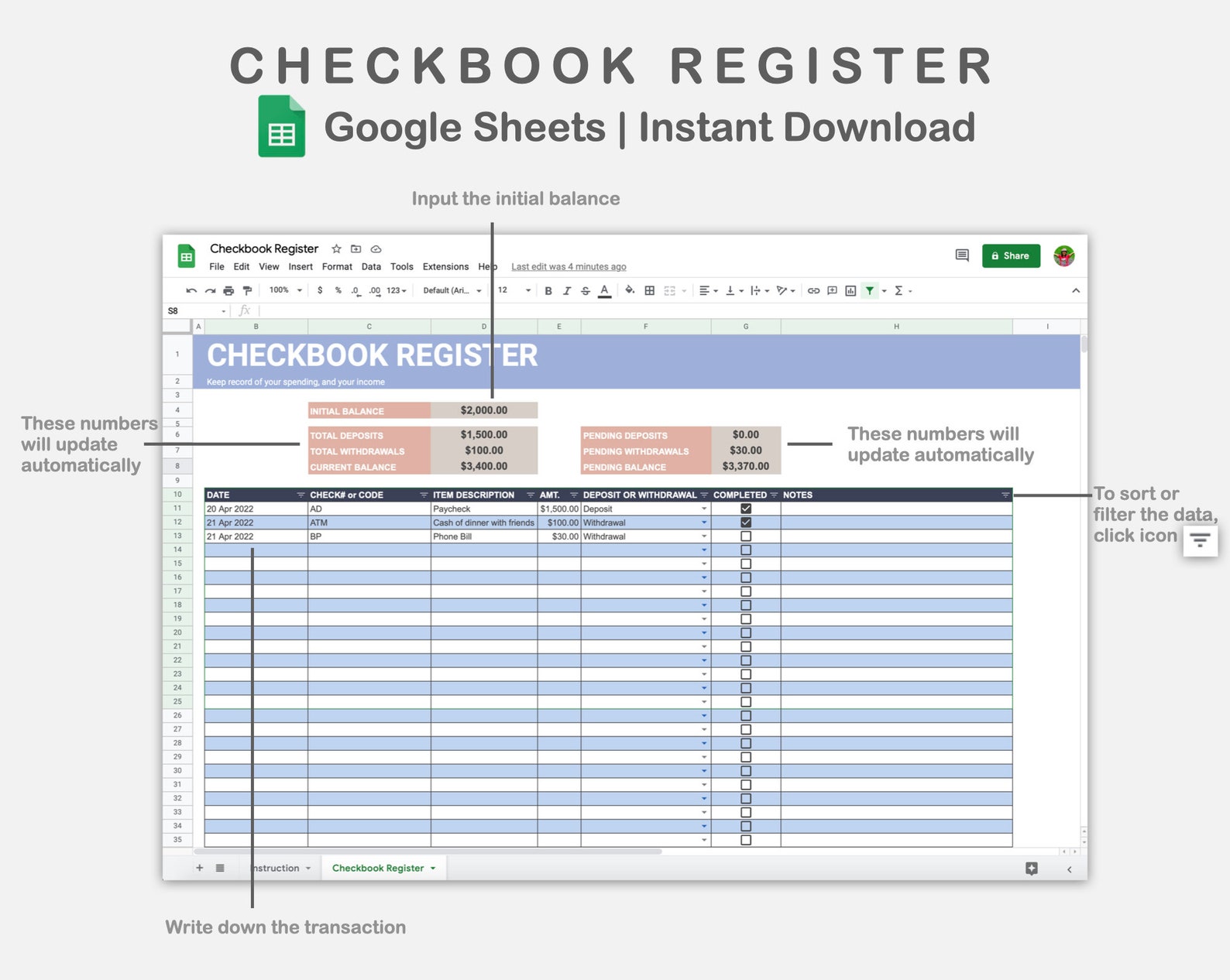 Digital Checkbook Register, Checkbook Register Template for Google