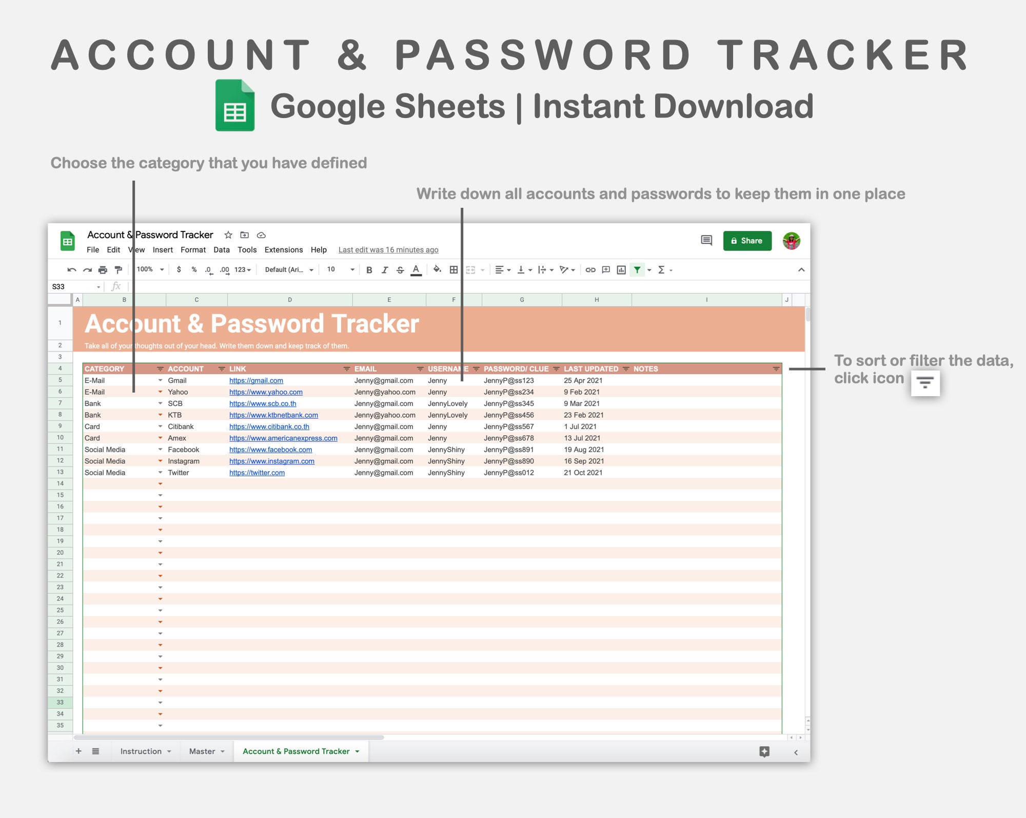 Password Tracker for Google Sheets Account and Password Etsy