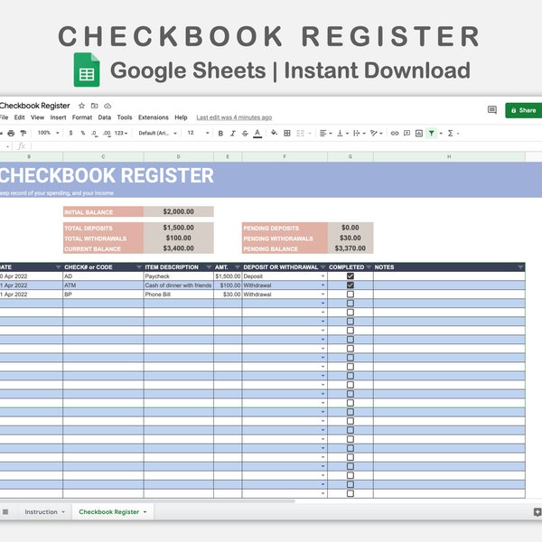Google Sheets Check Register - Etsy