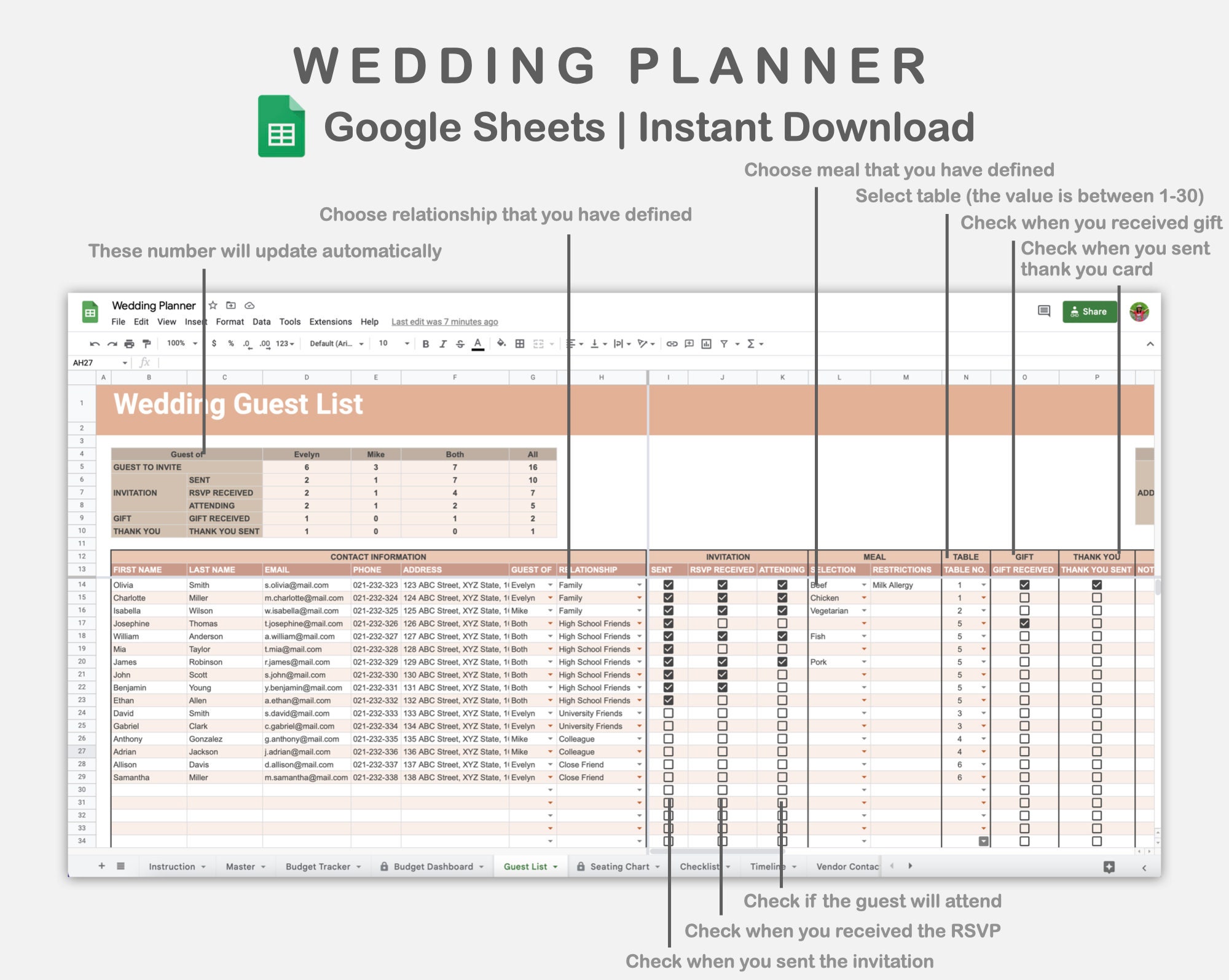 Google Sheets Wedding Planner, Wedding Planning Spreadsheets, Wedding