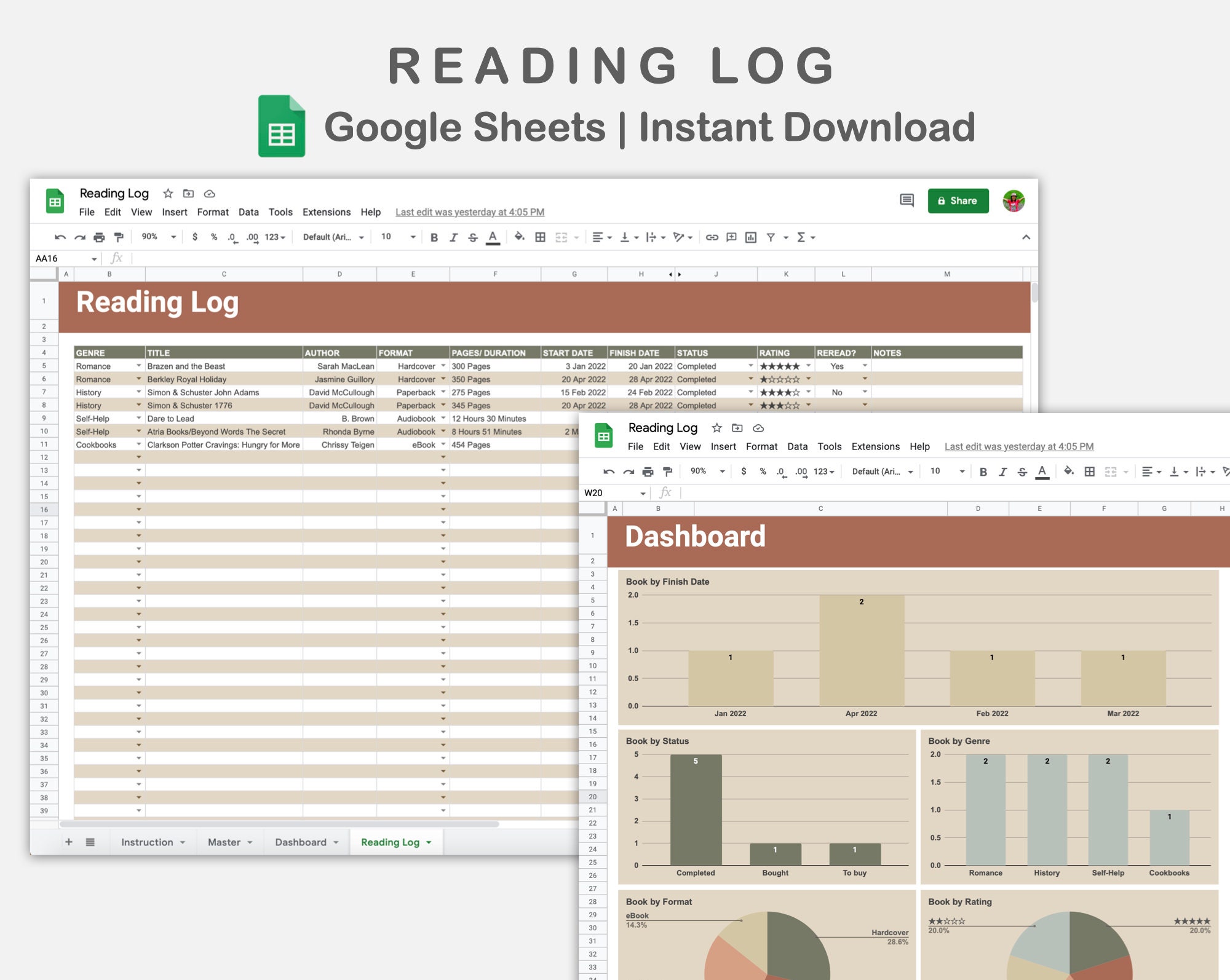 Reading Log Google Sheets Reading Tracker Spreadsheet Book Etsy