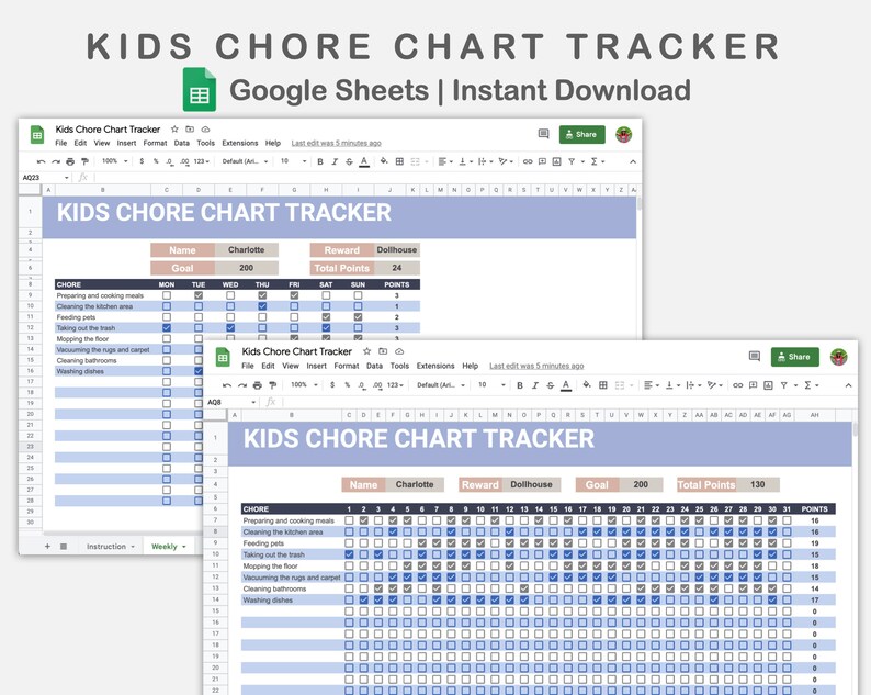 Kids Chore Chart Google Sheets Chore Chart Tracker Reward Etsy