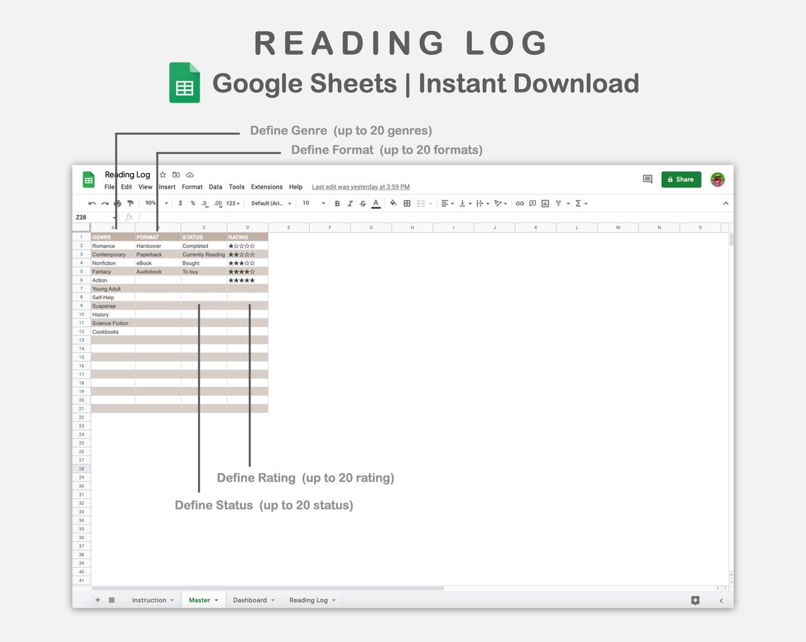 Reading Log Google Sheets, Reading Tracker Spreadsheet, Book Tracker