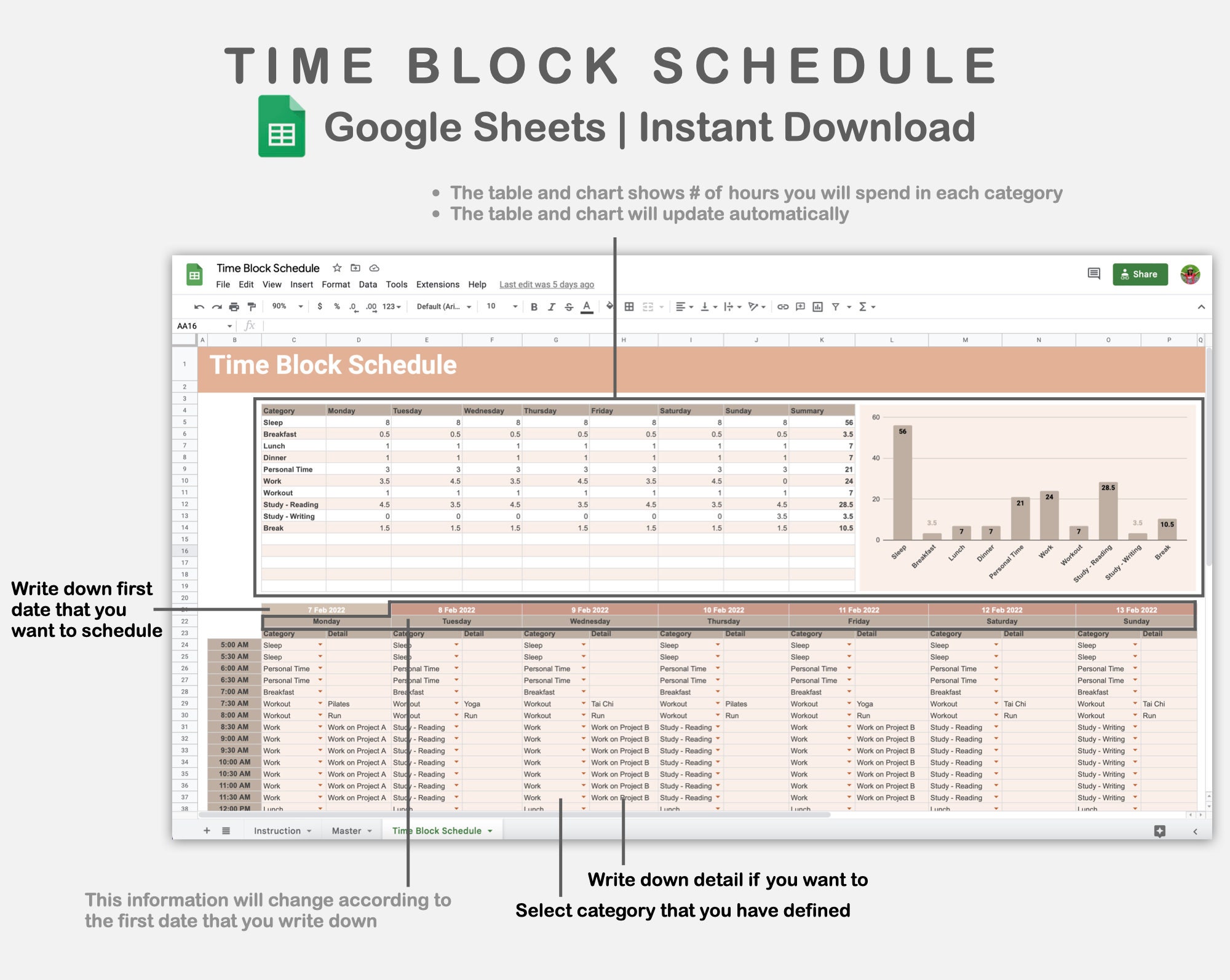 Google Sheets Time Blocking Schedule Time Block Spreadsheet - Etsy