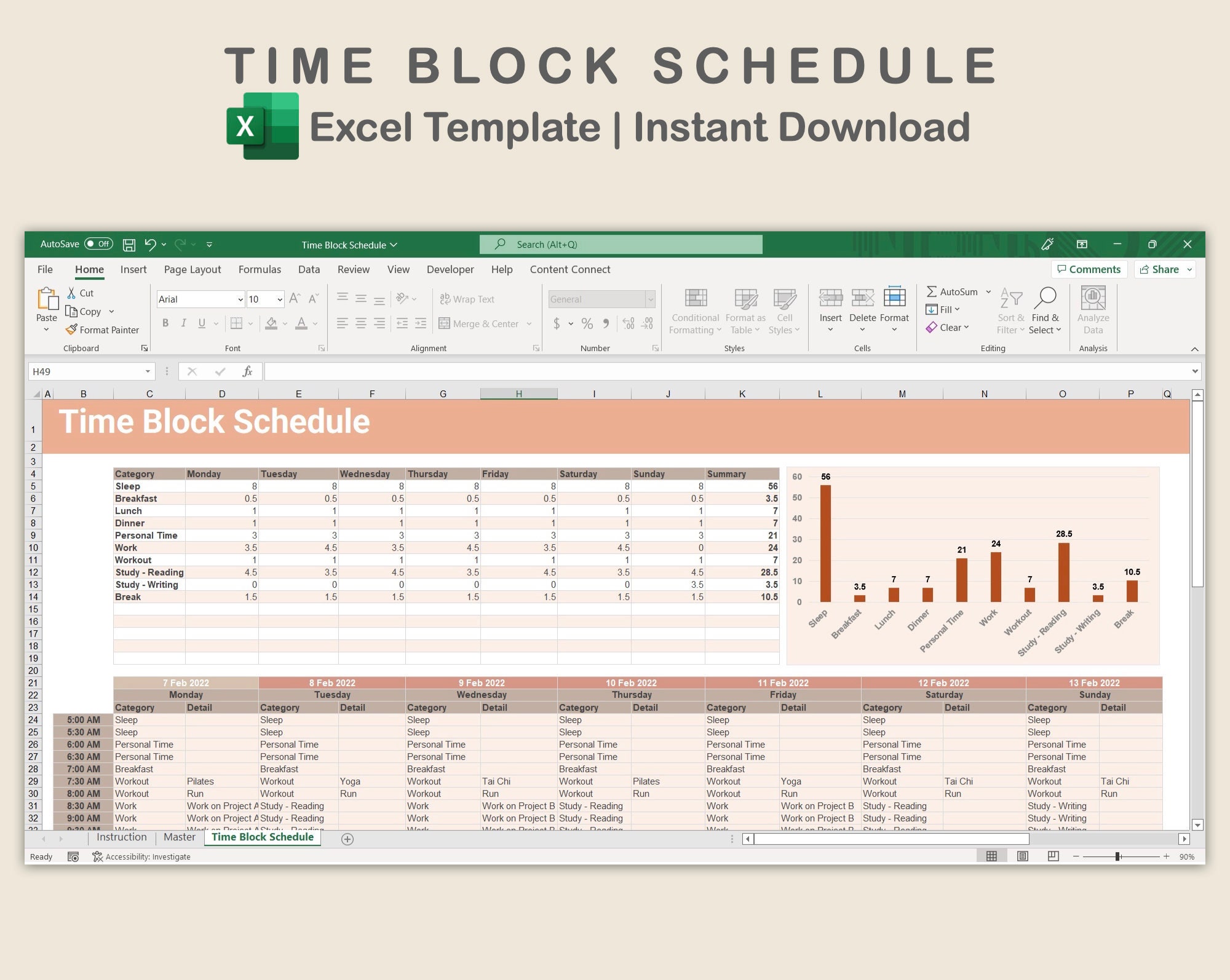 Excel Time Blocking Schedule, Time Block Spreadsheet Template, Weekly Excel Time Blocking Schedule, Time Block Spreadsheet Template, Weekly