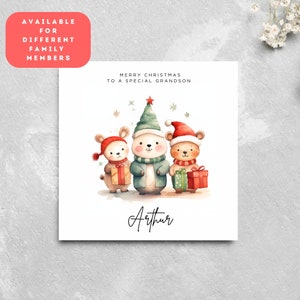 Personalisierte Weihnachtskarte Enkel, Enkelin, Neffe, Nichte, Cousin, Sohn, Tochter, süße Tiere Weihnachten Custom Name Familienandenken